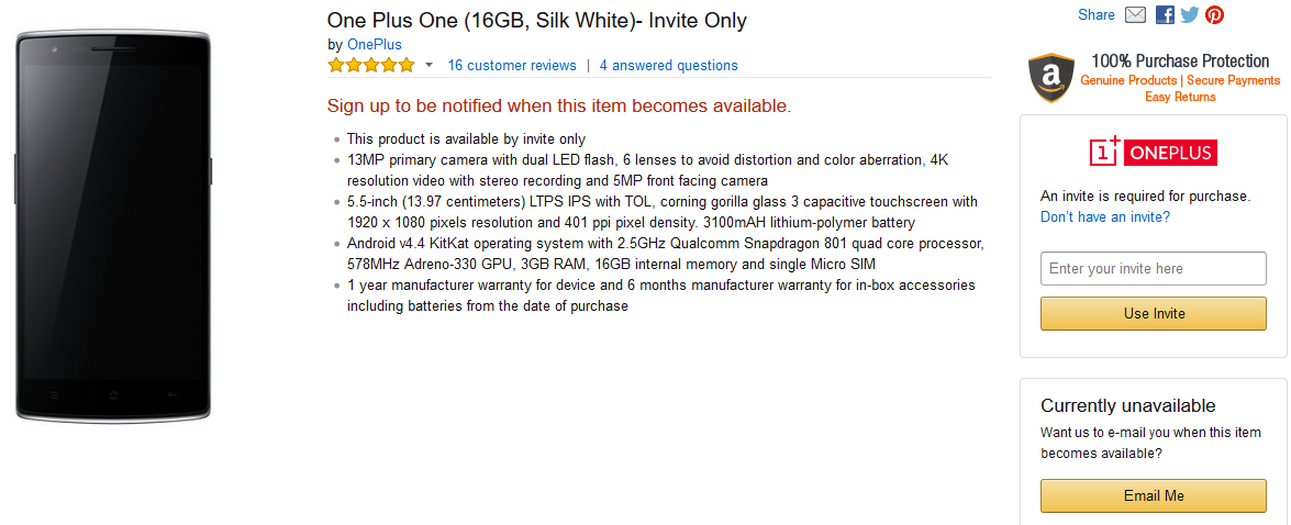 OnePlus One 16GB Amazon India
