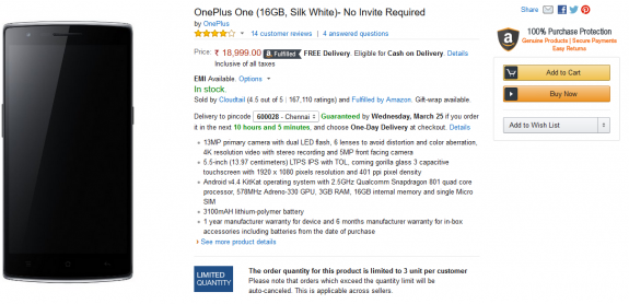 OnePlus One 16 GB Silk White No Invite Required