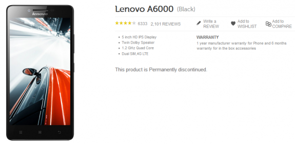 Lenovo A6000 Flipkart India Discontinued