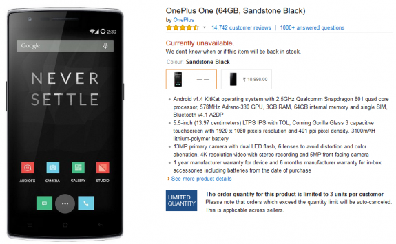 Oneplus one amazon India unavailable
