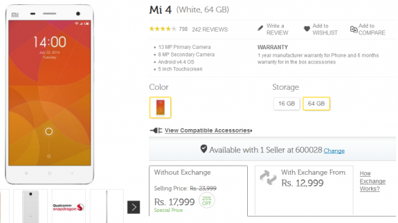 Xiaomi Mi4 17999 Rupees