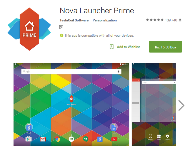 Nova Launcher Prime Rupees 15 in India