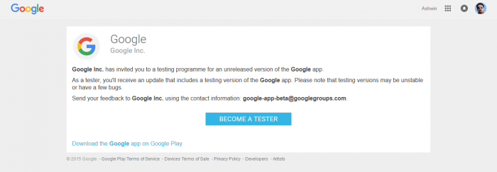 Google Search Beta Test App