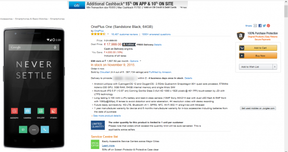 OnePlus One 64GB Amazon India Sale
