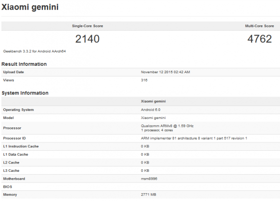 Xiaomi mi 5 gemini geekbench benchmark