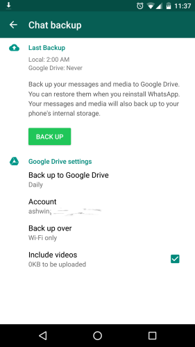 WhatsApp Google Drive Backup Chats options
