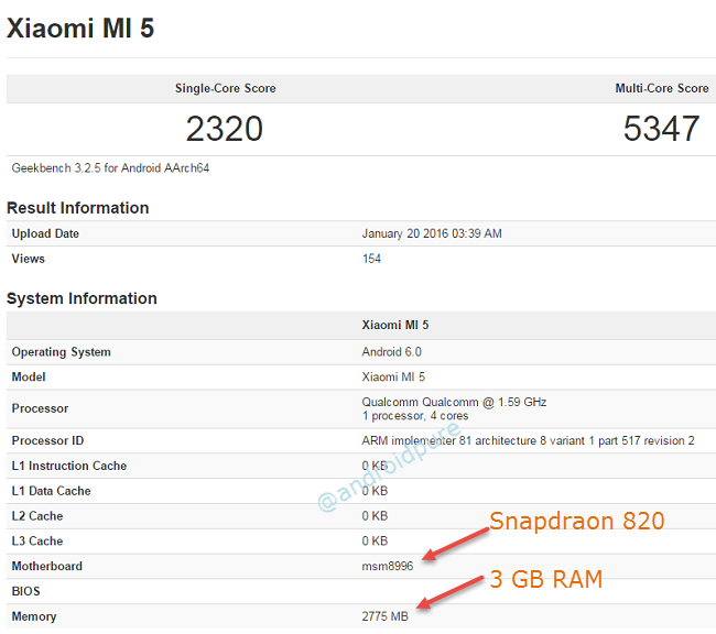 Xiaomi Mi 5 Geekbench