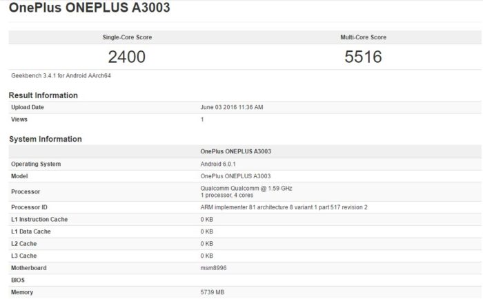 OnePlus 3 GeekBench leak