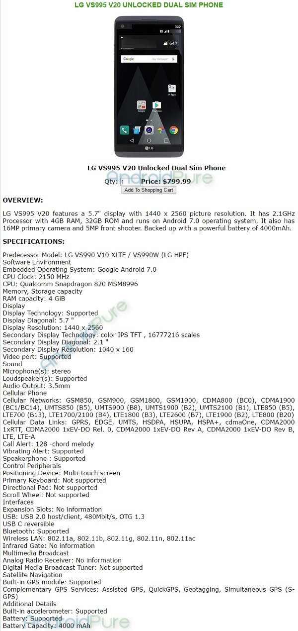 LG V20 Specifications