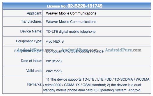 Vivo NEX S TENAA