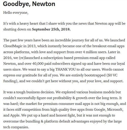 Newton Mail shuts down