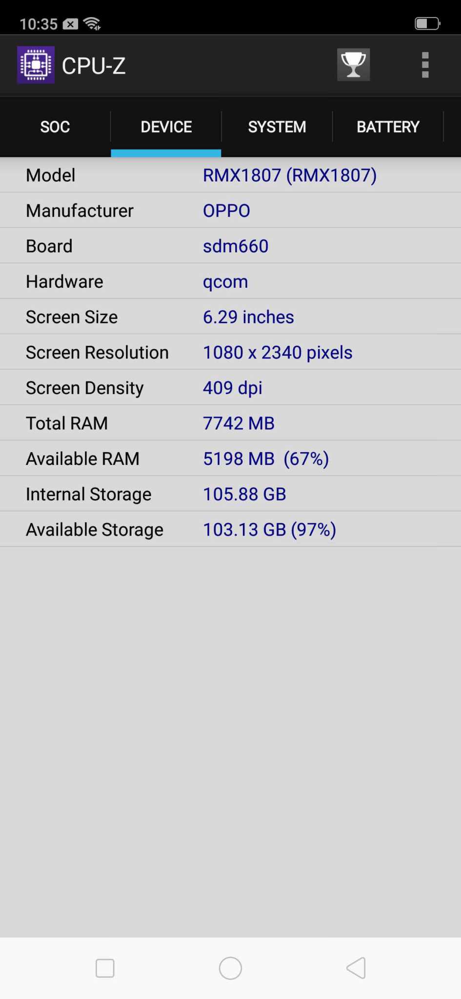 Realme 2 Pro benchmark CPU-Z