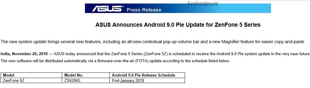 Zenfone 5Z Android Pie Update release date official