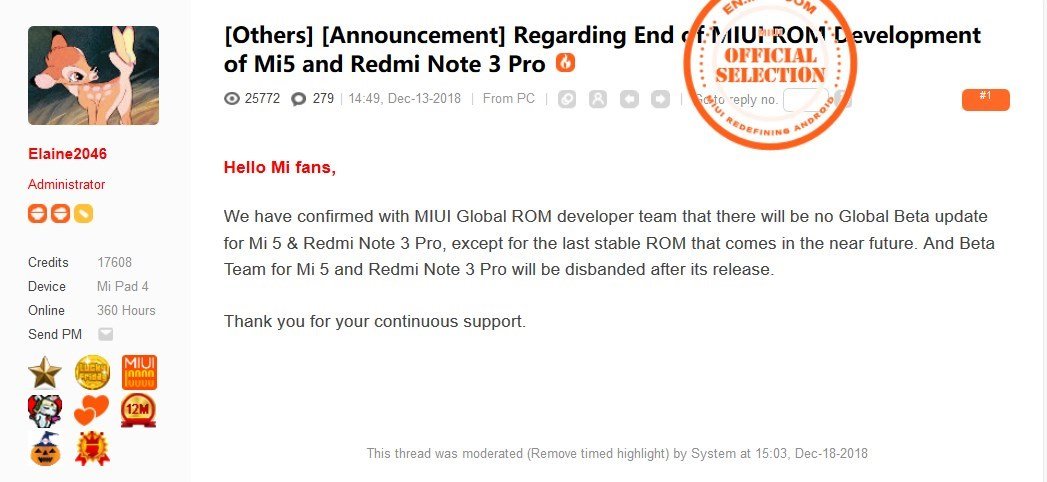Redmi Note 3 will not be updated anymore