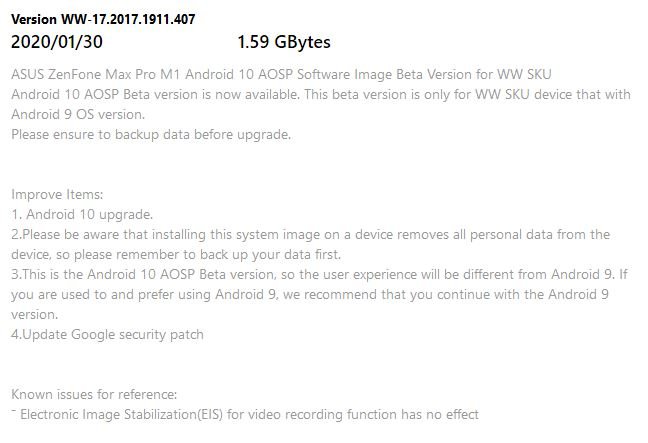 Android 10 Update for Zenfone Max Pro M1 released in India