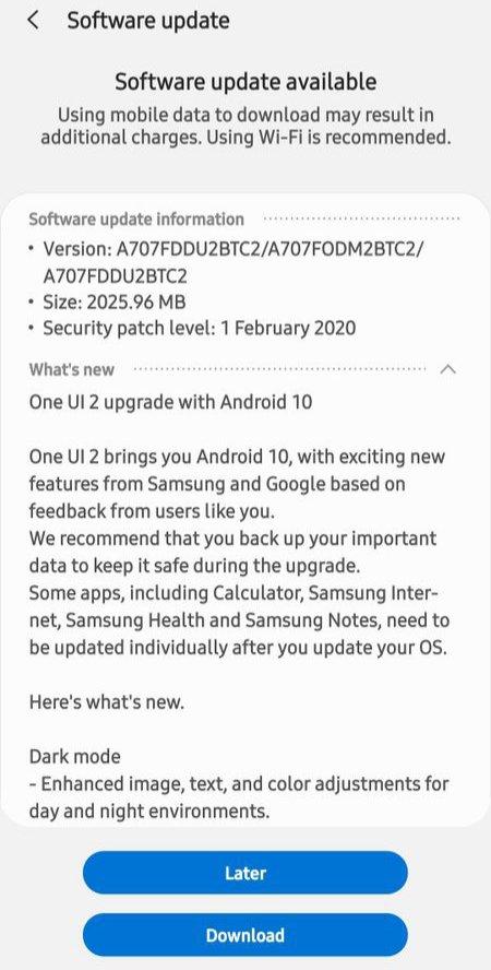 Android 10 Update for Galaxy A70s