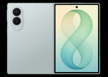 Samsung Galaxy Z Fold8 in Pistachio, rear and unfolded view of the online-exclusive colour
