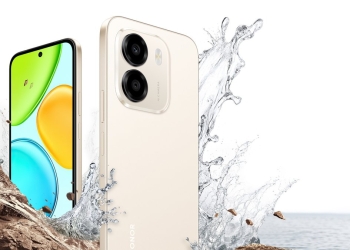 Honor X6e smartphone in Sunrise Gold, front and rear view