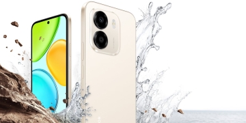 Honor X6e smartphone in Sunrise Gold, front and rear view