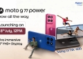 Moto G77 Power official launch teaser showing the phone in blue, pink and black colours