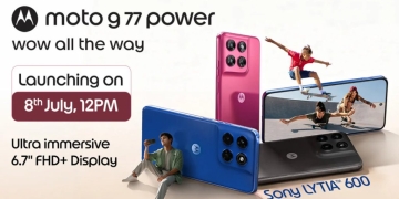 Moto G77 Power official launch teaser showing the phone in blue, pink and black colours