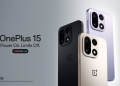 OnePlus 15 flagship smartphone shown in black, sandstone gold, and purple color options, the brand's current flagship sold in the US, Europe, India, and China