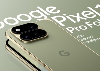 Google Pixel 11 Pro Fold in sage green with gold camera housing, from a leaked Google marketing image