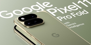 Google Pixel 11 Pro Fold in sage green with gold camera housing, from a leaked Google marketing image