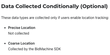 Google Play Data Safety section showing location data not shared with third parties despite ad SDK location collection
