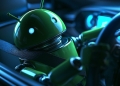 Android mascot in a car driver's seat illustrating Android head unit malware found by Kaspersky