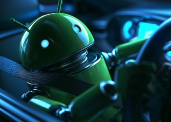 Android mascot in a car driver's seat illustrating Android head unit malware found by Kaspersky