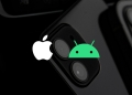 Apple and Android logos over a dark smartphone background, illustrating global smartphone operating system market share in Q2 2026