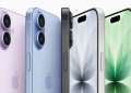 Apple iPhone 17 lineup in purple, blue, black and green showing rear camera modules and front displays