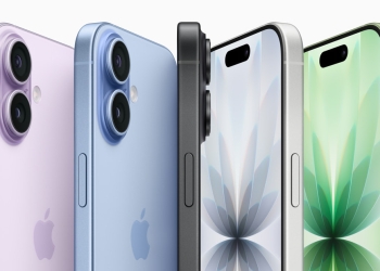 Apple iPhone 17 lineup in purple, blue, black and green showing rear camera modules and front displays
