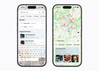 Apple Maps ads shown in Suggested Places and in search results on two iPhones