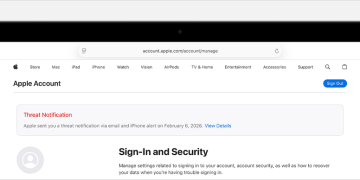 Apple threat notification banner shown at the top of an Apple Account page in Safari on macOS