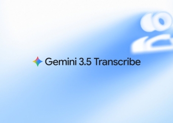 Gemini 3.5 Transcribe announcement title card with the Gemini spark logo on a blue gradient