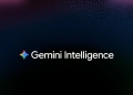 Gemini Intelligence branding on a dark background with a blue and purple light pattern, from Google's Android site
