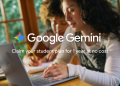 Google Gemini student offer promotional image showing two college students studying with a laptop