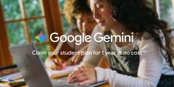 Google Gemini student offer promotional image showing two college students studying with a laptop