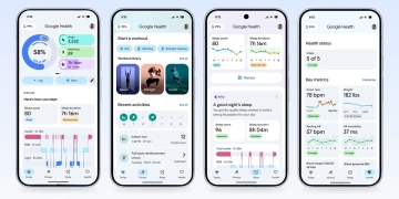 Google Health app four-tab layout showing Today, Health, Fitness, and You screens