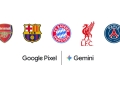 Google Pixel and Gemini logos alongside the crests of Arsenal, FC Barcelona, FC Bayern Munchen, Liverpool and Paris Saint-Germain