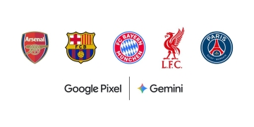 Google Pixel and Gemini logos alongside the crests of Arsenal, FC Barcelona, FC Bayern Munchen, Liverpool and Paris Saint-Germain