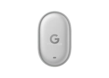 Google Pixel Tag leaked render showing puck-style Bluetooth tracker with speaker grille