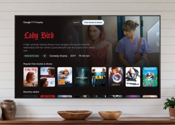 Google TV library interface shown on a television