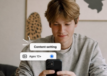 Meta press image for Instagram Teen Accounts showing a teenager holding a phone with an Ages 13+ content setting card
