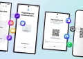 Samsung One UI 9 Smart Switch QR code pairing screen shown on a Galaxy phone next to an iPhone