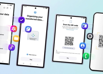 Samsung One UI 9 Smart Switch QR code pairing screen shown on a Galaxy phone next to an iPhone