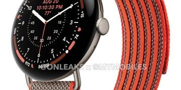 Pixel Watch 5 Stephen Curry edition with silver case and brown orange woven band