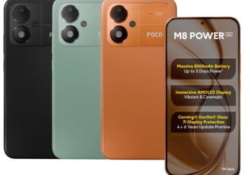 POCO M8 Power 5G smartphone in three colour options
